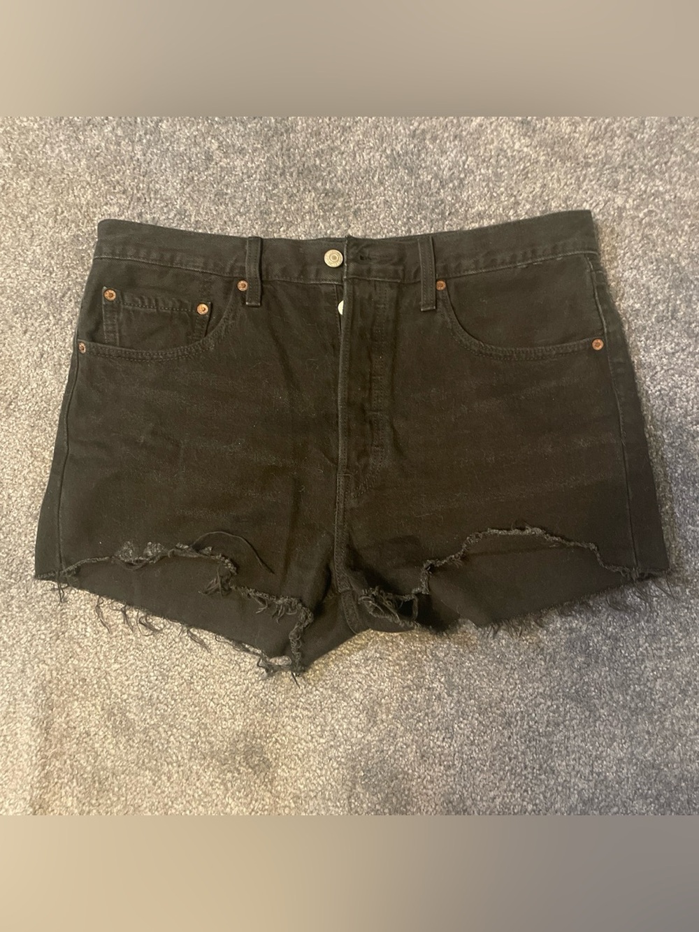 Levi Strauss 501 black denim shorts frayed hem
